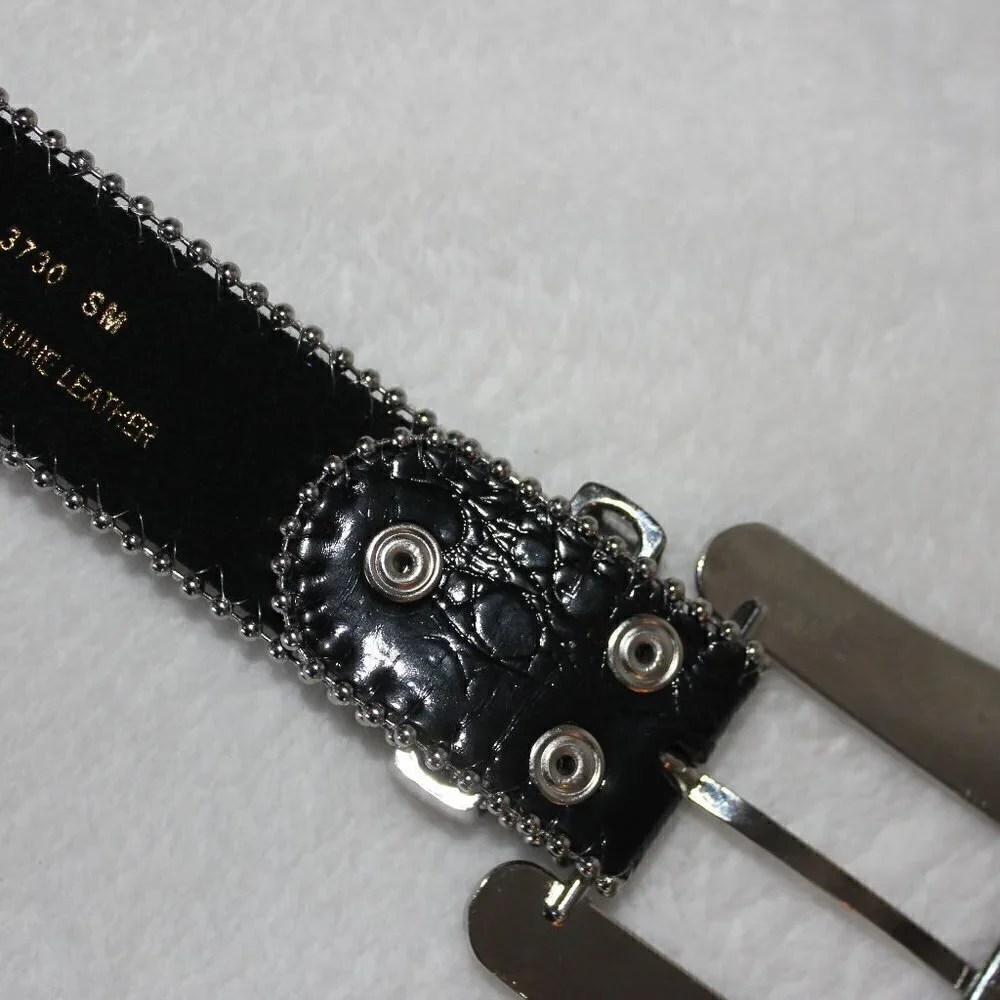 Western Black Bling Cross Belt & Buckle Clear Crystal Accent Genuine Leather SM